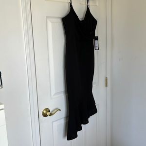 Bebe black angled flounce midi dress